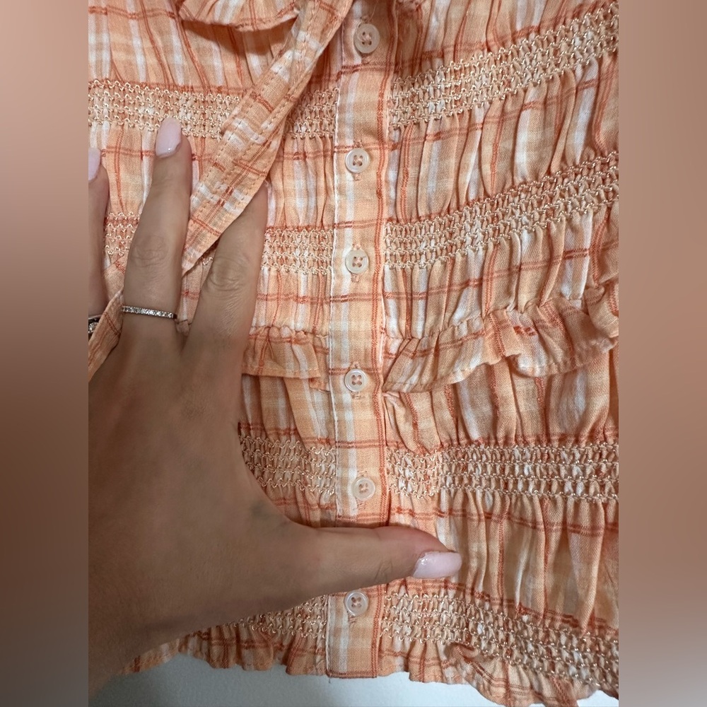 American Eagle Outfitters Peach-Orange Plaid Smocked Ruffle Camisole - Picture 3 of 5